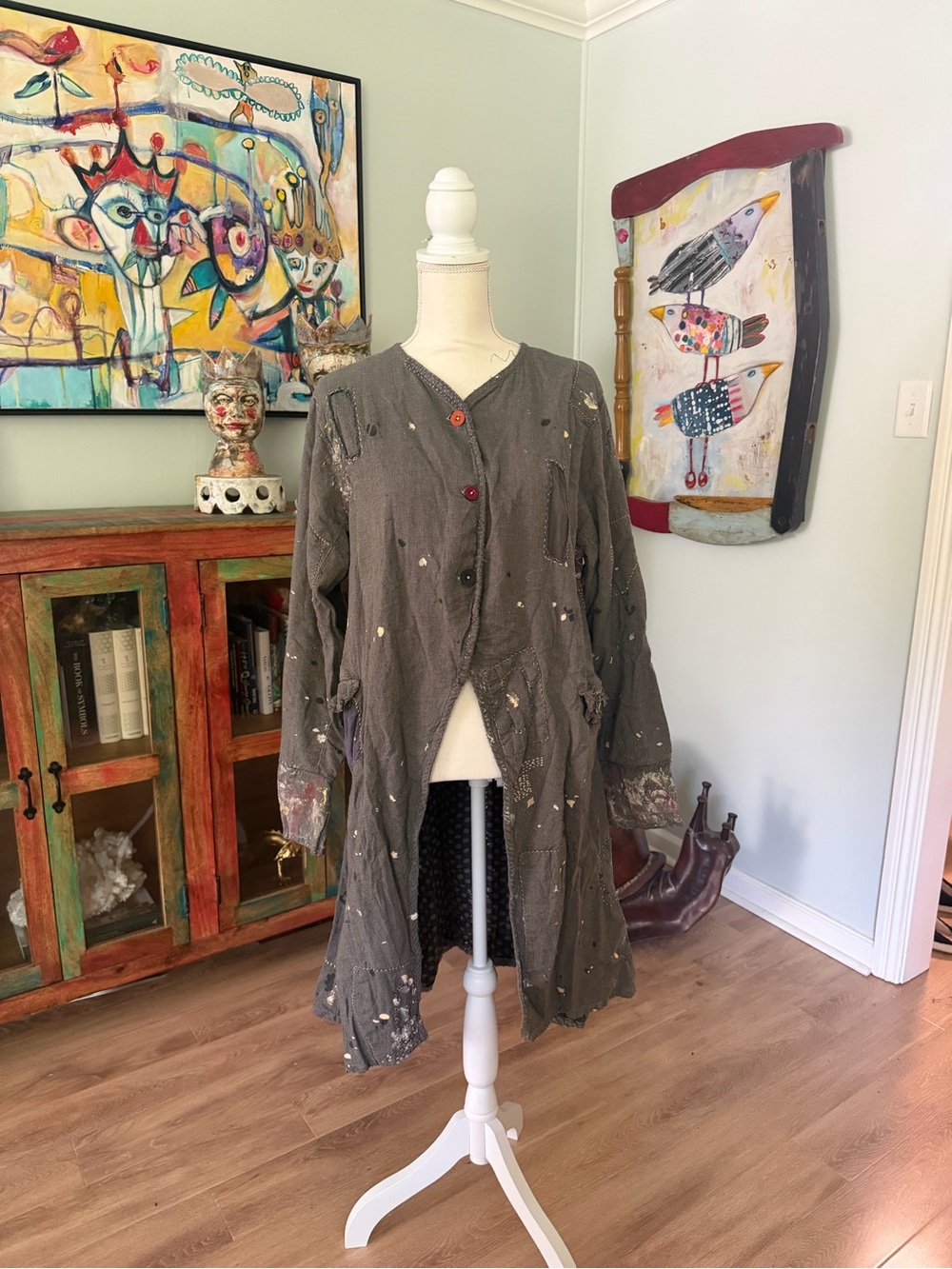 Magnolia Pearl Olive Green Hand-Painted Long Trench Coat